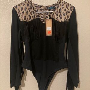 Fashion Express Black and Leopard Print Bodysuit size medium new with tag